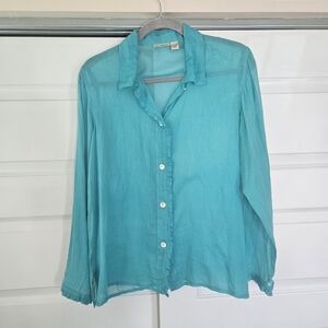 VTG 90s Putumayo Turquoise Ruffle Front & Cuff Blouse - 100% Indian Cotton - M